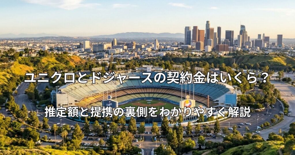 ロサンゼルスの街並みと夕日に映えるドジャースタジアムを遠くから見下ろした俯瞰風景