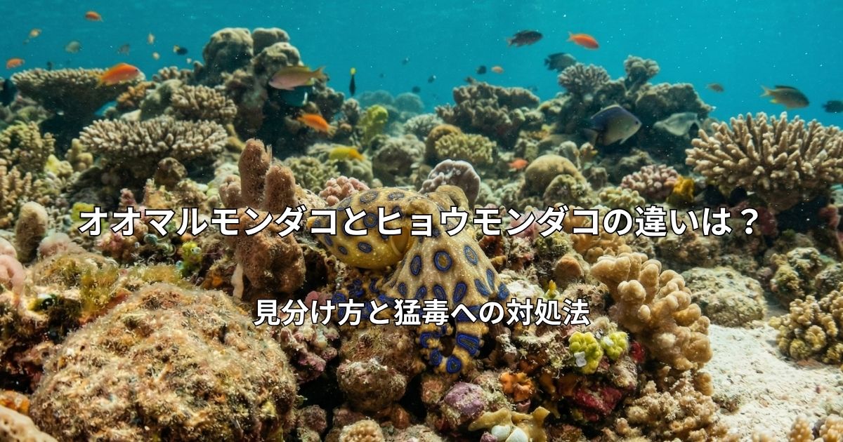海中のサンゴ礁の上で青い輪の模様を浮かび上がらせている猛毒のヒョウモンダコ。
