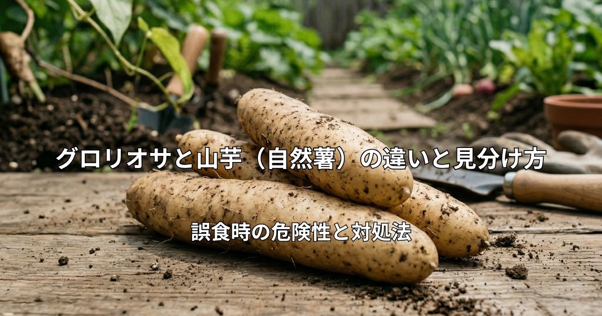 庭の木製テーブルの上に置かれた、収穫したばかりの泥付きの山芋（ヤマイモ）。背景には家庭菜園の畑が広がり、スコップや手袋などの園芸用品が置かれている。