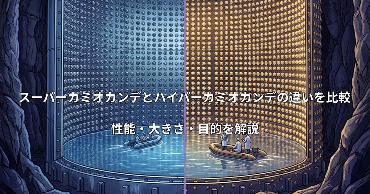 スーパーカミオカンデ（左）とハイパーカミオカンデ（右）の内部構造を比較したイラスト。地下の巨大な水槽と壁一面の光センサー、観測用のボートが描かれ、新旧施設の圧倒的なスケール差を表現している。