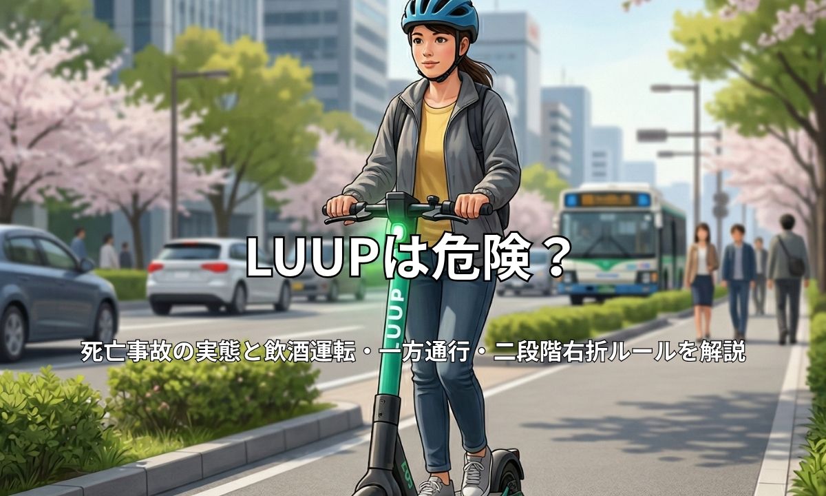 ヘルメットを着用し、電動キックボード(LUUP)を両手でしっかり握って都心の車道を走行する女性。背景には桜並木と高層ビル、バスが走る春の街並み。
