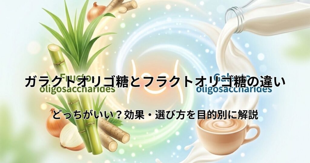 フラクトオリゴ糖（サトウキビ・野菜）とガラクトオリゴ糖（牛乳・加熱料理）の違いとお腹への効果をイメージしたイラスト