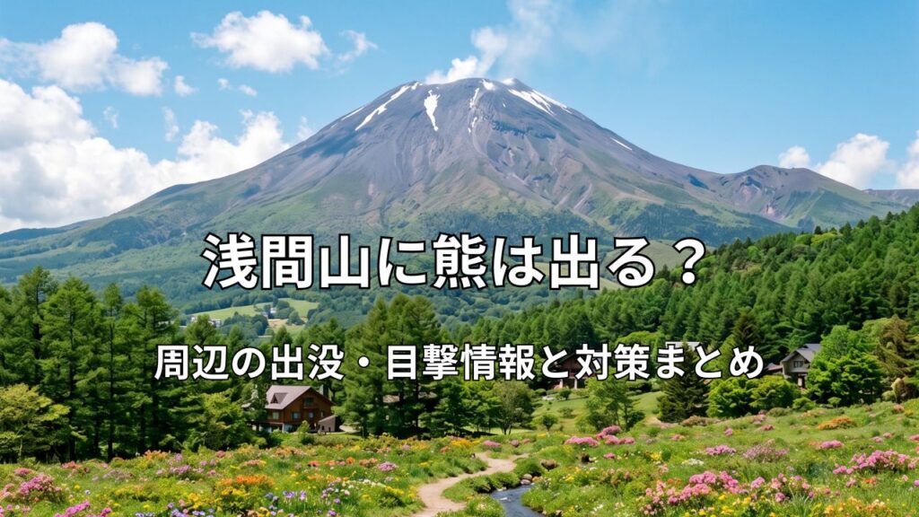 浅間山の全景と、その麓に広がる、高山植物が咲く草原と小川の風景。