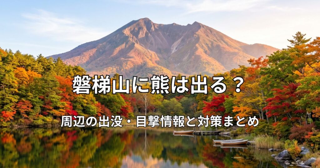 秋の紅葉に囲まれた裏磐梯の湖畔と、水面に反射する美しい磐梯山の風景