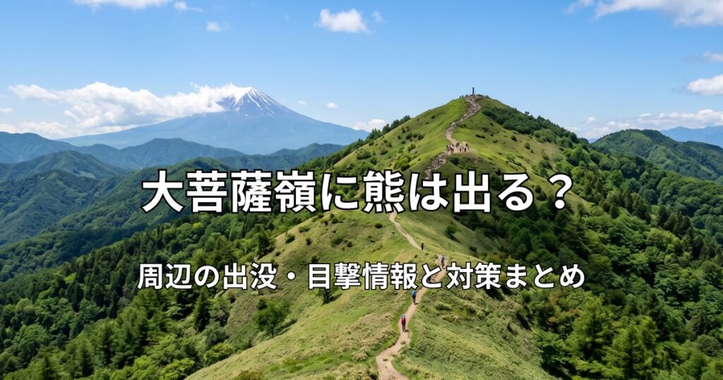 大菩薩嶺の稜線から望む富士山と青空、登山道が続く美しい風景