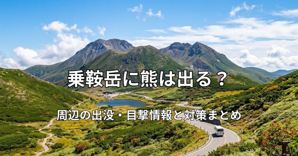 青空の下、乗鞍岳の雄大な山々と緑豊かな高山植物、そして山肌を縫うように走る乗鞍エコーラインの絶景。