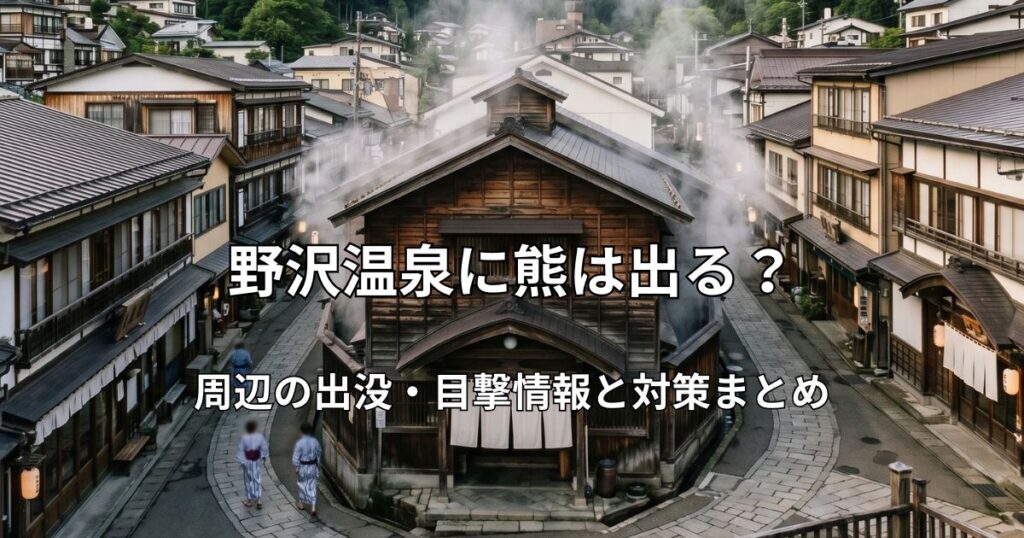 野沢温泉の象徴的な木造温泉施設と、石畳の通りに立ち上る湯気。浴衣姿で歩く観光客と周囲を囲む緑豊かな山々の風景。