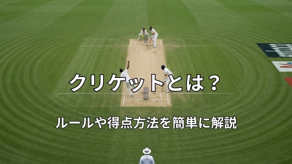 広大な全面芝生のグラウンド中央（ピッチ）で、白いユニホームを着てクリケットの試合を行う投手と打者、そして手前に立つ審判。