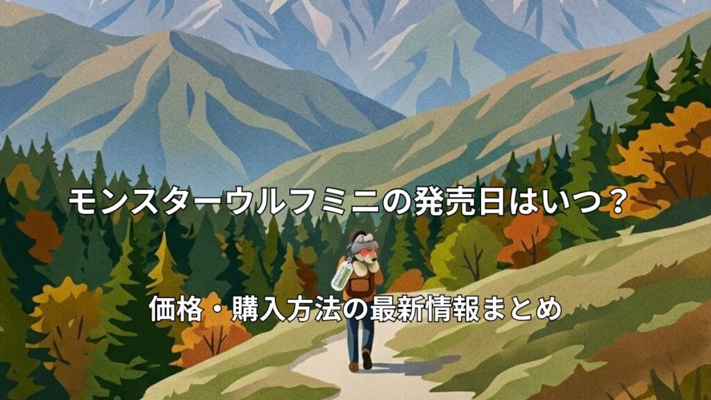 大自然の山道をハイキングする人の後ろ姿。リュックサックには目が赤く光るオオカミ型の「モンスターウルフミニ」が装着されているイラスト。
