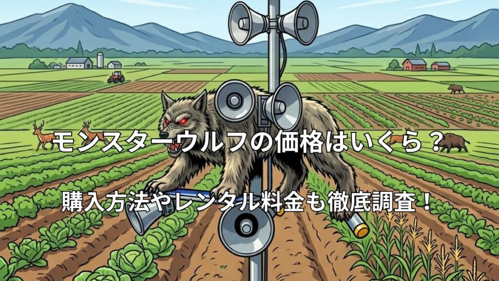 畑に設置された獣害対策ロボット「モンスターウルフ」のイラスト