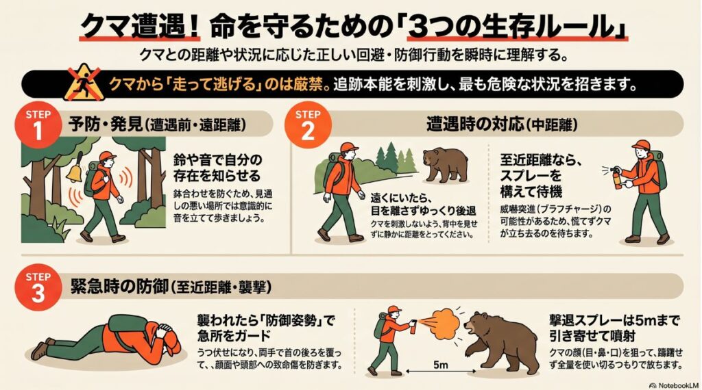 クマ遭遇時の「3つの生存ルール」をまとめたインフォグラフィック。
