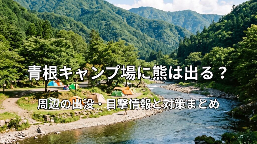 緑豊かな丹沢山地の山々と、透き通った道志川のほとりにカラフルなテントが並ぶ青根キャンプ場の風景