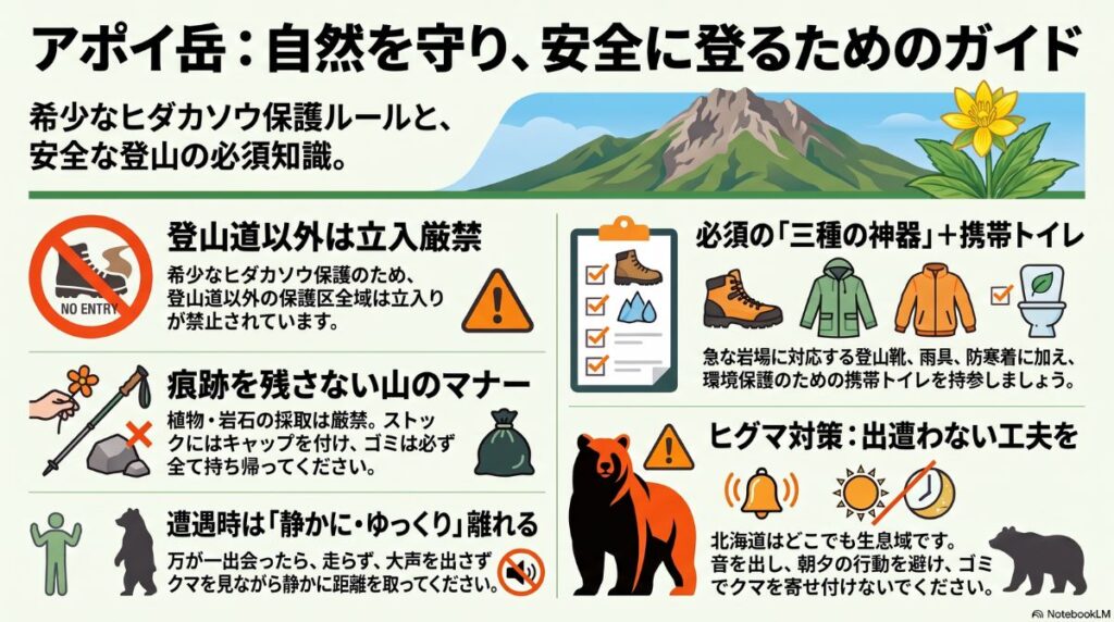 アポイ岳の自然保護ルールと安全登山マナー(登山道以外立入禁止、携帯トイレ持参、ヒグマ遭遇時の対処法など)をまとめたインフォグラフィック画像