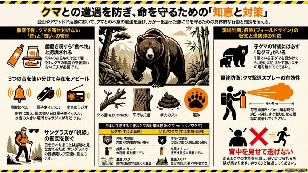 鳥海山での熊との遭遇を防ぐ知恵と対策をまとめたインフォグラフィック