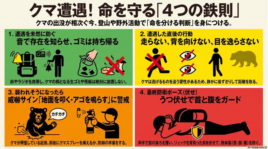 クマ遭遇時の命を守る4つの鉄則(遭遇防止、直後の行動、威嚇への警戒、最終防御ポーズ)をまとめた図解イラスト