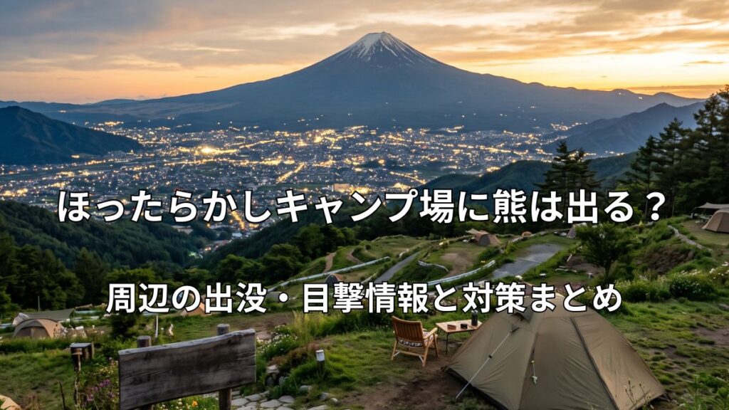 ほったらかしキャンプ場の全景と富士山、甲府盆地の街並みを望む夕暮れの風景