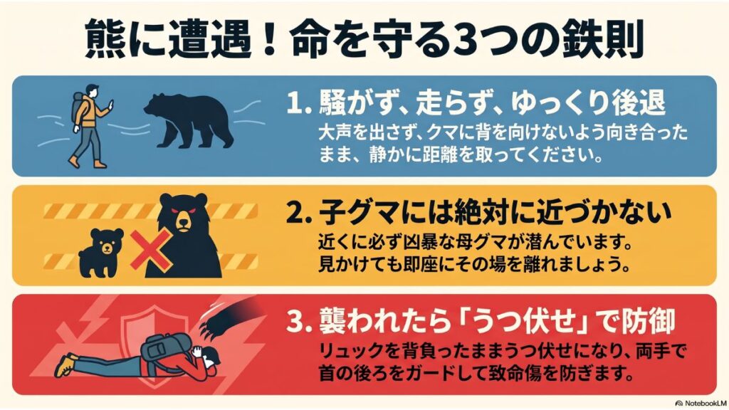 クマに遭遇した場合の鉄則を表したインフォグラフィック