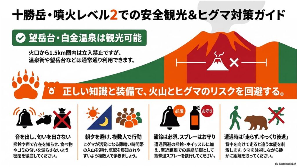 十勝岳の噴火警戒レベル2における安全な観光可能エリアと、出会わないための基本行動、遭遇時の対処法をイラストで解説したヒグマ対策ガイドの画像