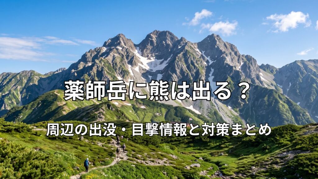 青空の下に広がる北アルプス・薬師岳の美しい山容と、手前に広がる高山植物の群生、登山道の風景