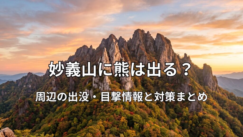 秋の夕暮れに染まる妙義山の荒々しい岩峰と紅葉の風景。登山道の様子。