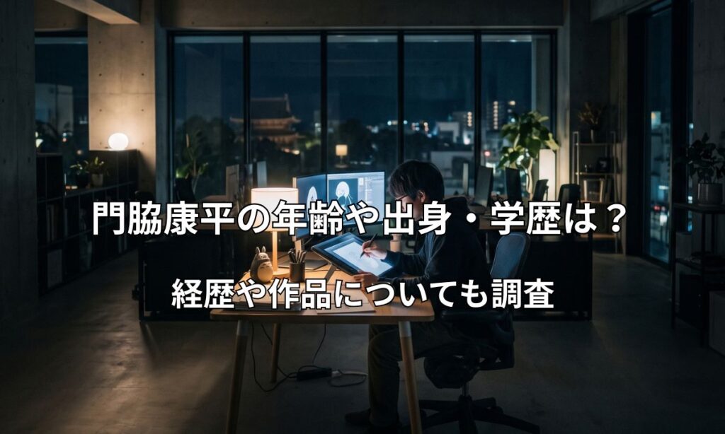 アニメーション制作スタジオで夜間にデスクライトの明かりの下、机に向かって作業する映像作家の作業風景