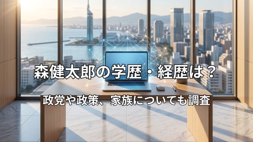 森健太郎氏の経歴や政策をイメージした、ノートPCと福岡の都市風景が重なるデスク