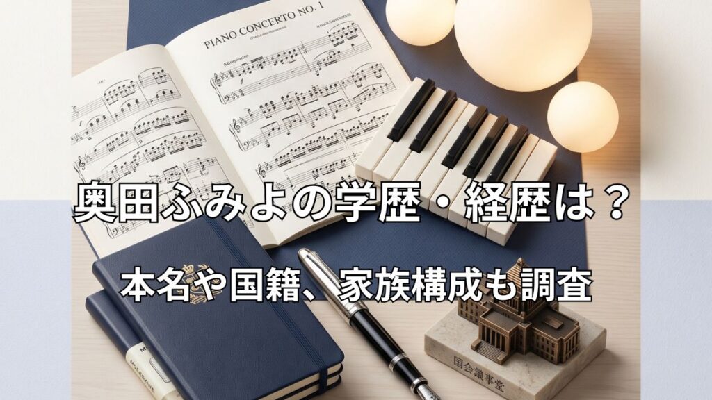 ピアノや楽譜、国会議事堂の模型を組み合わせたイメージ