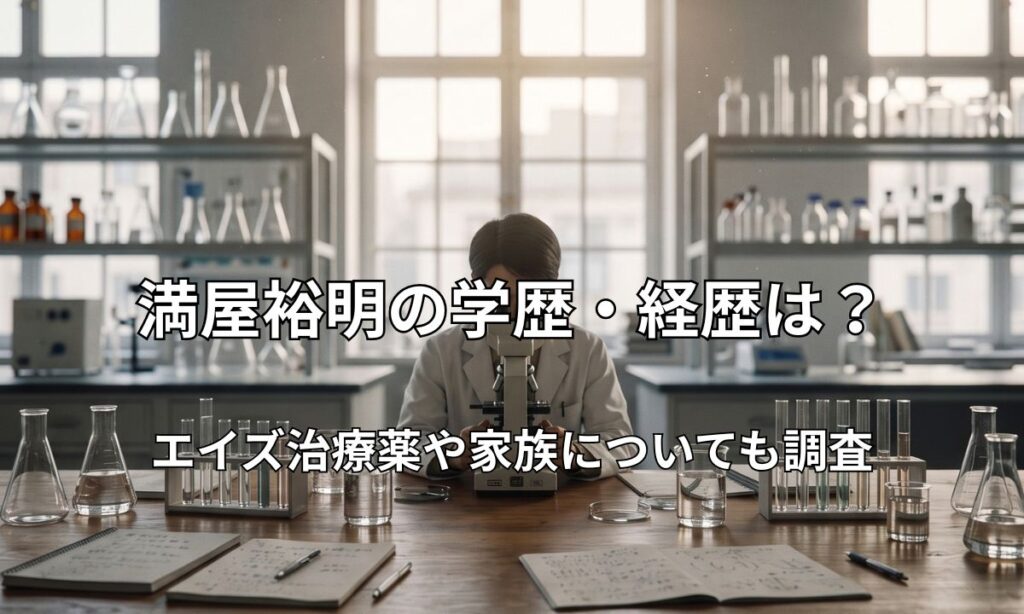研究室で顕微鏡に向き合い創薬実験を行う日本人医学者のイメージ