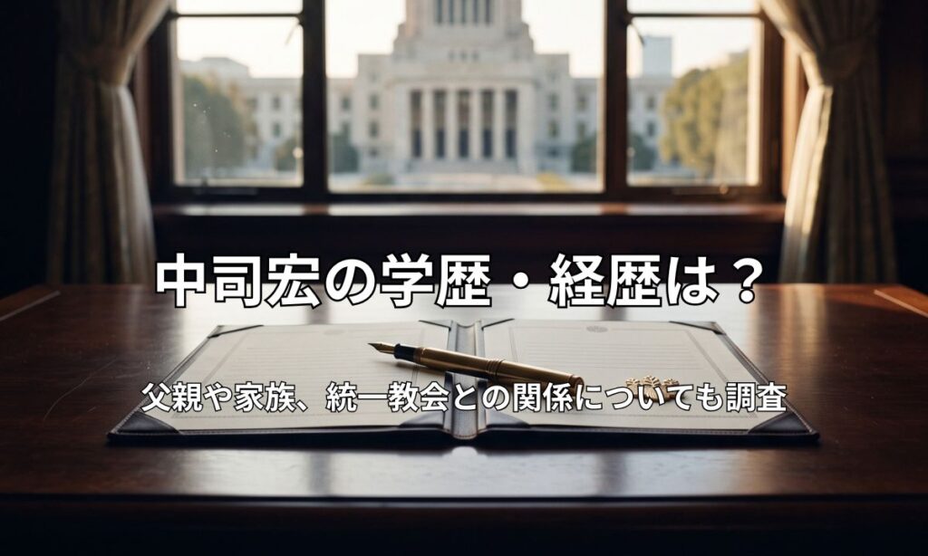 日本の国政や閣僚を象徴するデスクと国会議事堂のシルエットのイメージ